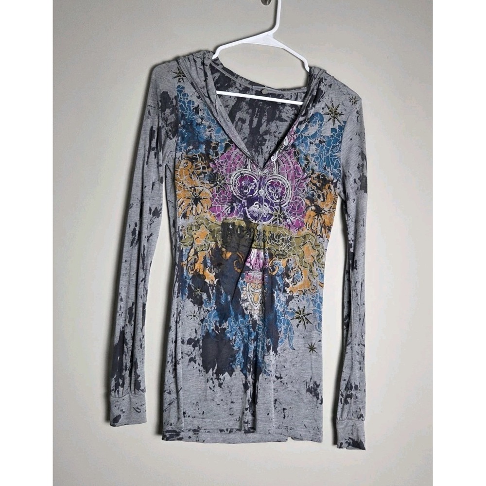 Anama Anthropologie Grey Acid Wash Henley Hooded Top Small Long Sleeve Y2K
